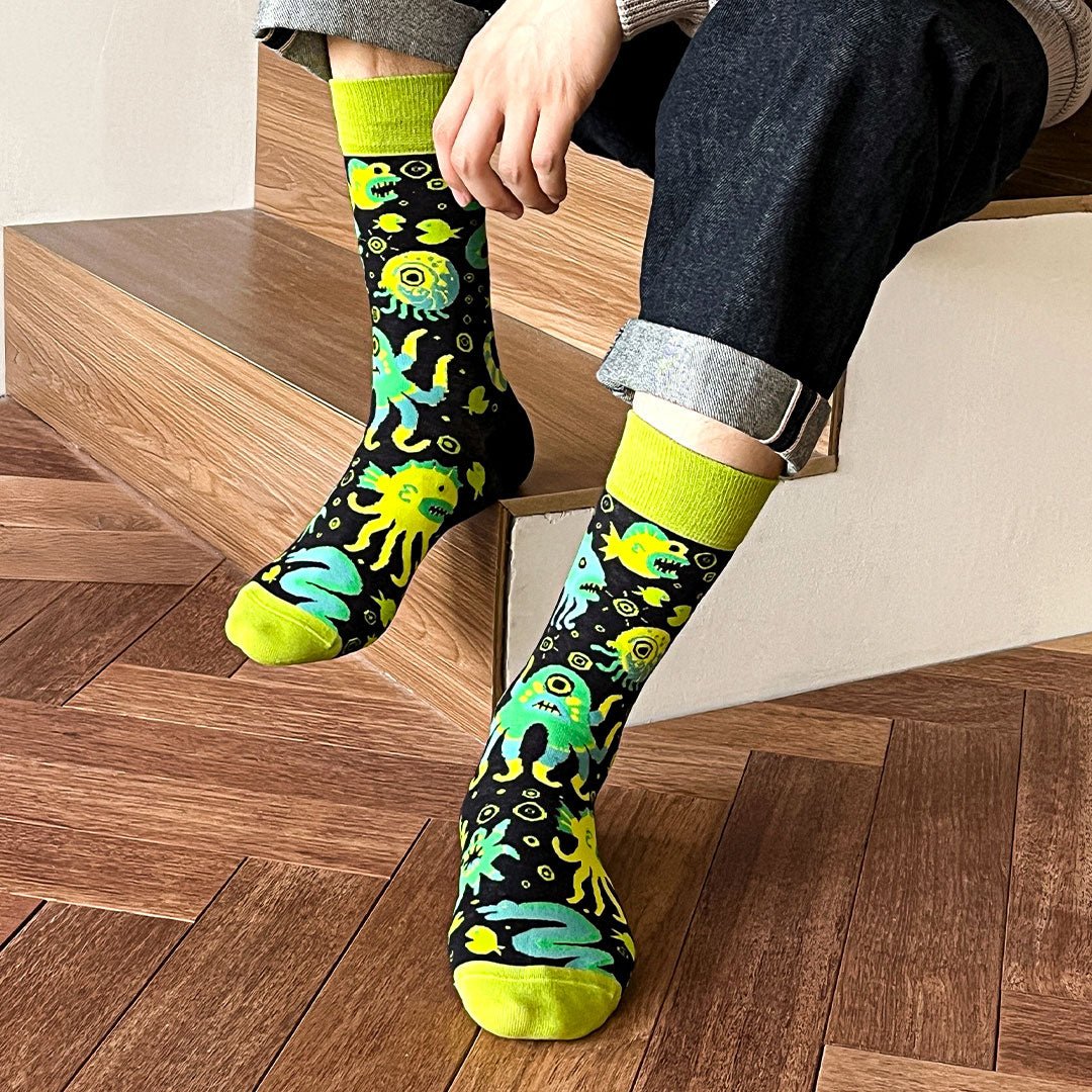 Calcetines divertidos de algodón "sin costuras". MONSTRUOS MARINOS VERDES - Kylie Crazy