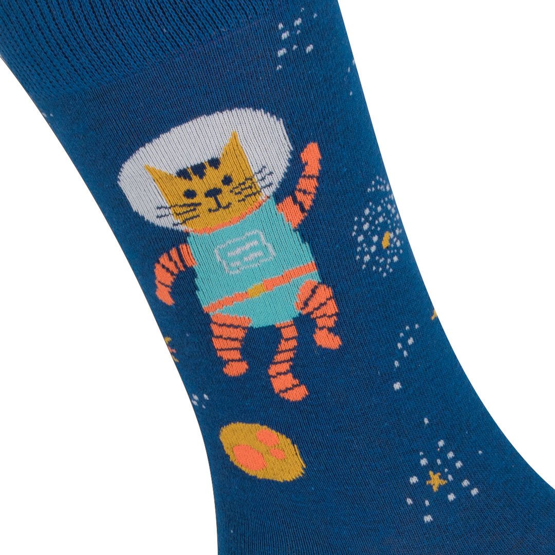 Calcetines invisibles de algodón, divertidos y originales en color azul. "Gato Espacial"-Kylie Crazy