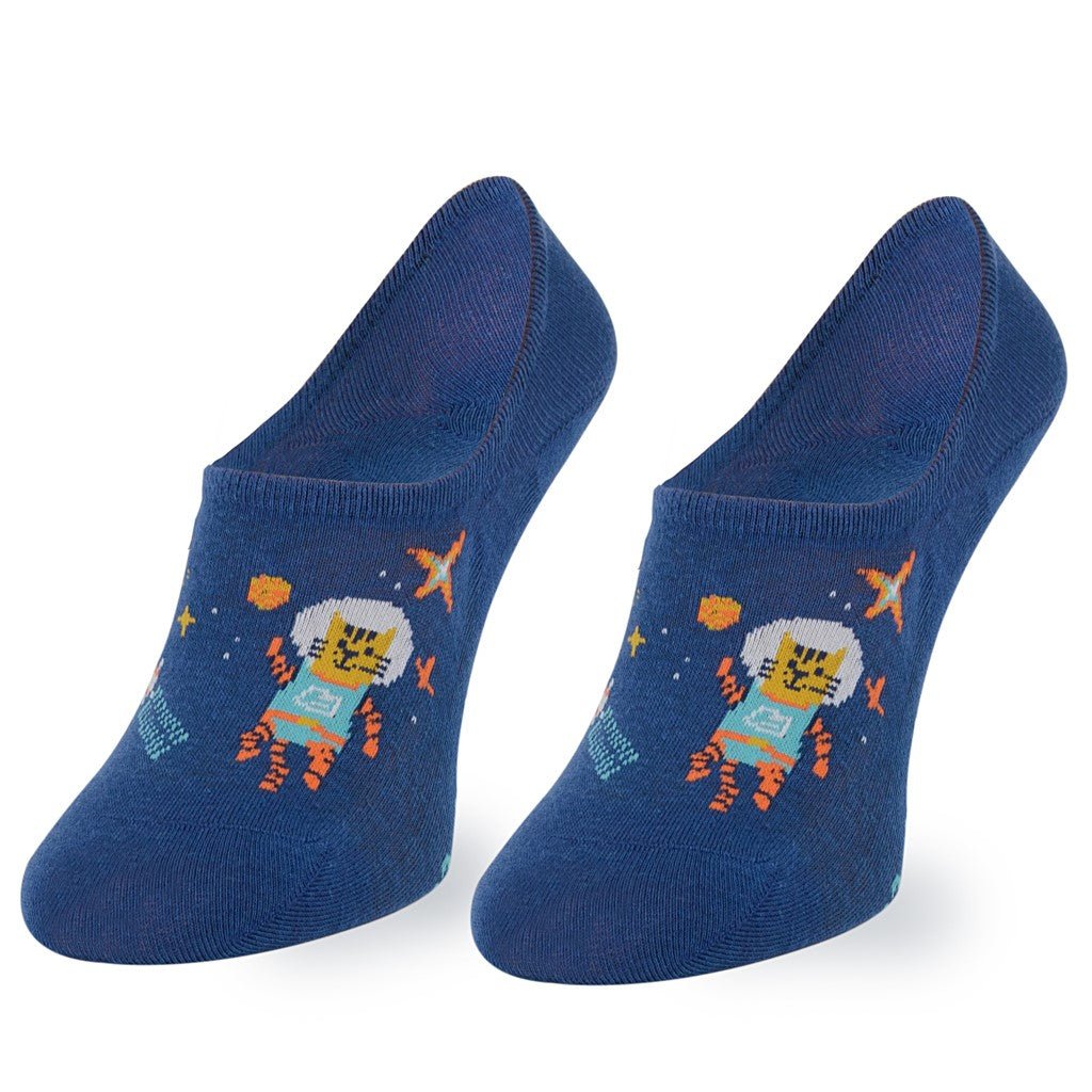 Calcetines invisibles de algodón, divertidos y originales en color azul. "Gato Espacial"-Kylie Crazy