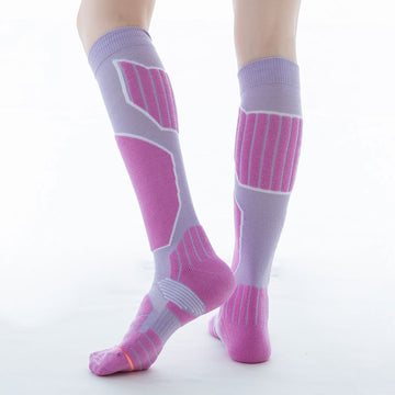 Calcetines de mujer caña alta para ESQUI con acolchados técnicos por zonas, especiales para frio, lila-Kylie Crazy