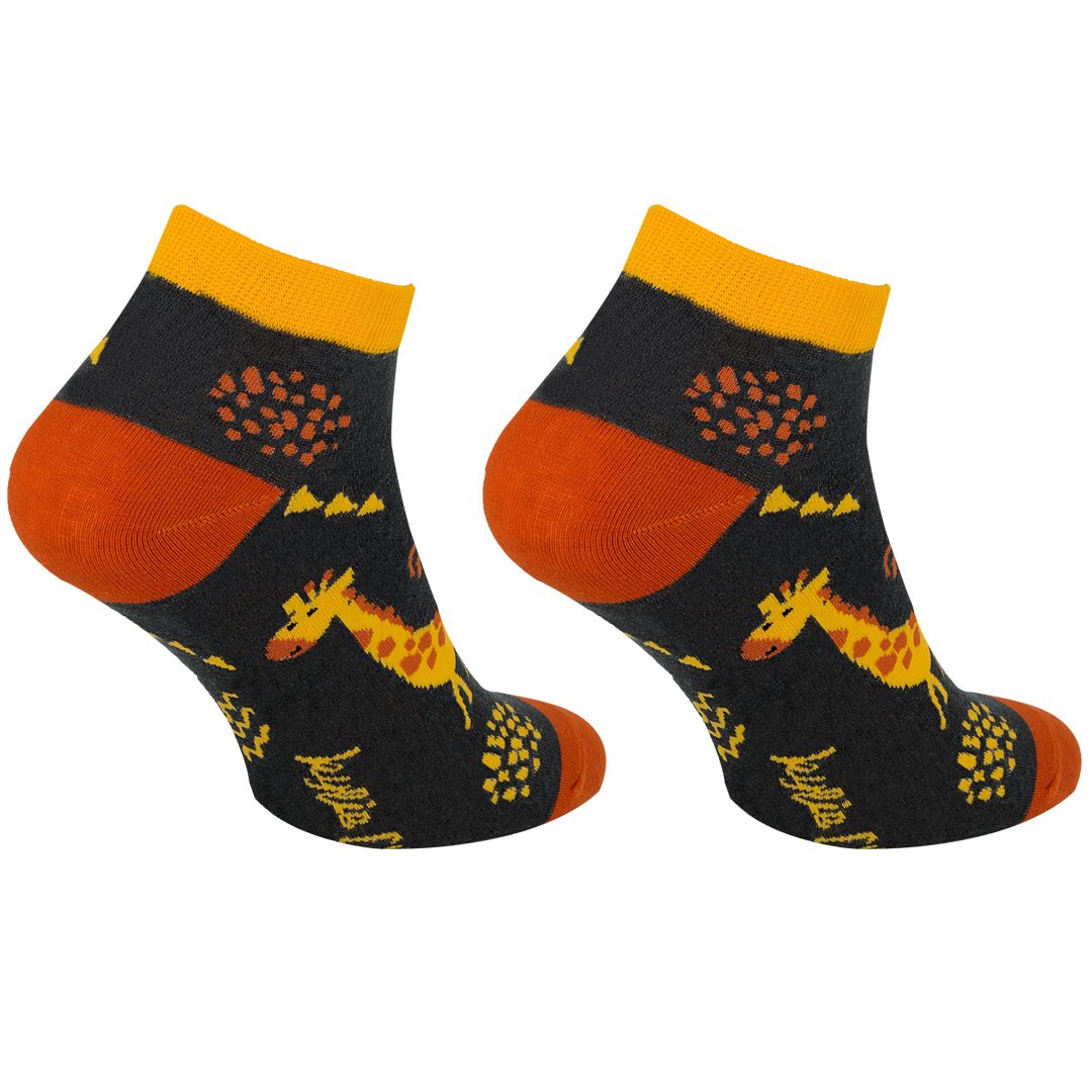 Calcetines tobilleros de algodón, divertidos y originales en tonos negro y naranja. Jirafa-Kylie Crazy